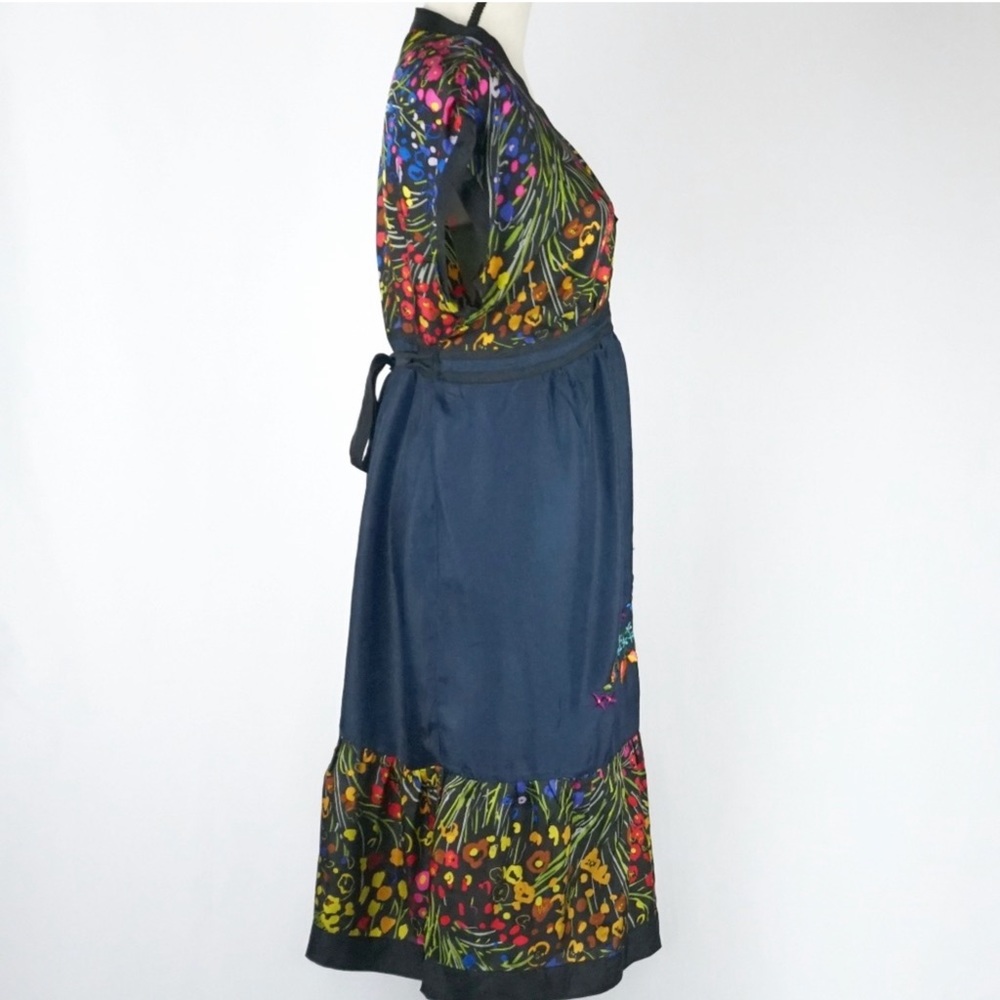 S O L D Fei Anthropologie Efflorescent 100% Silk Blue Floral Dress V-Neck Large - Picture 8 of 16